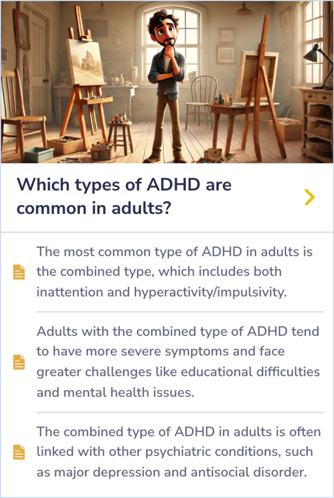 Summary Card discussing the combined type of ADHD in adults, highlighting its association with severe symptoms, educational difficulties, and co-occurring mental health issues such as depression and antisocial behavior.